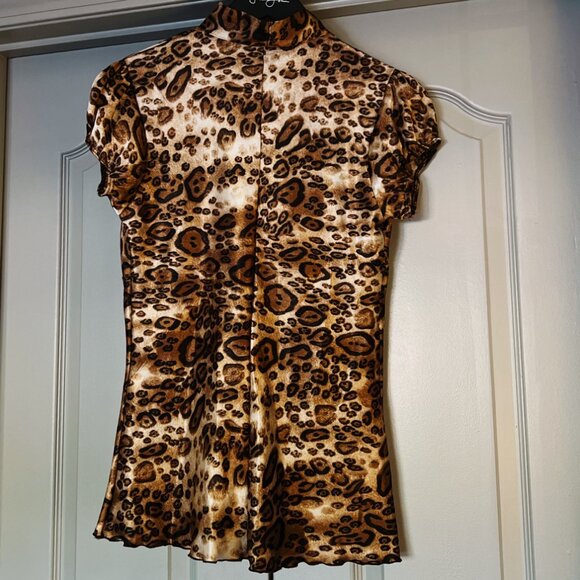 Vintage Y2K Leopard Print Tie-Neck Top Volia Medium Made in USA - Picture 6 of 8